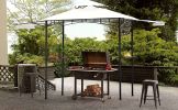 13Ft.Lx4.5Ft.W Iron Double Tiered Backyard Patio BBQ Grill Gazebo with Bar Counters&Extendable Shades; White